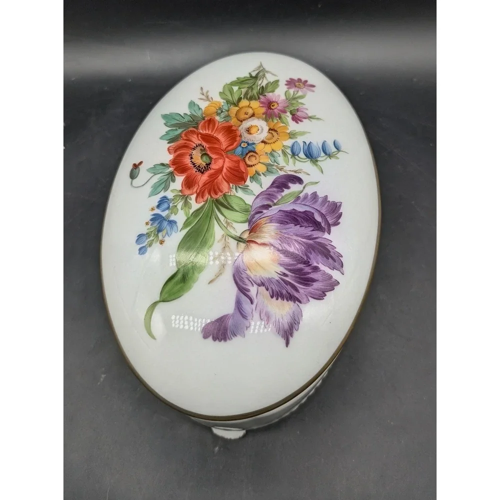 Vintage 1985 Handgemalt Lisa Ackermann Hand Painted Floral Porcelain Trinket Box